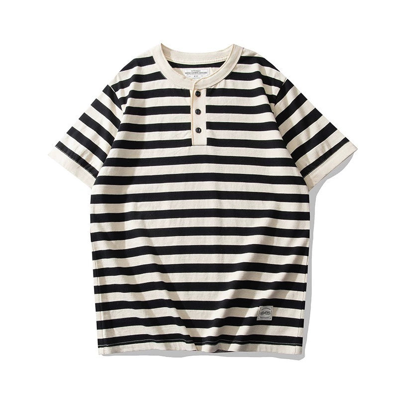 PrintAce Vintage Knitted Striped Henry Collar Button Tee