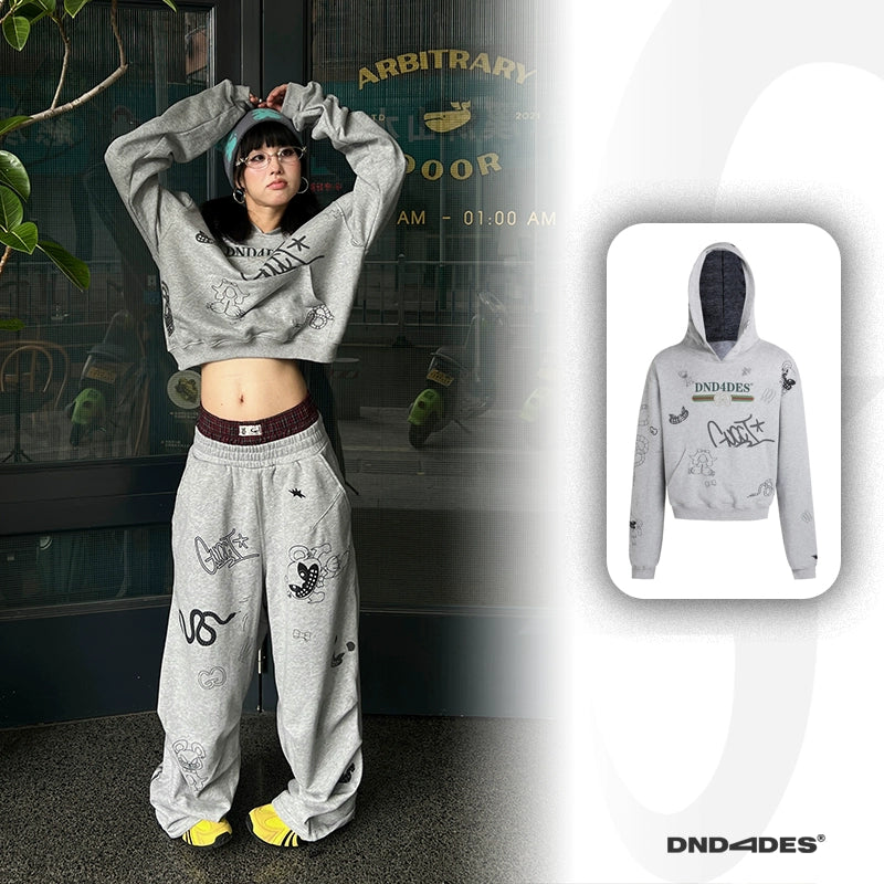 DND4DES Graffiti Print Double Waist Splicing Gray Sweatpants