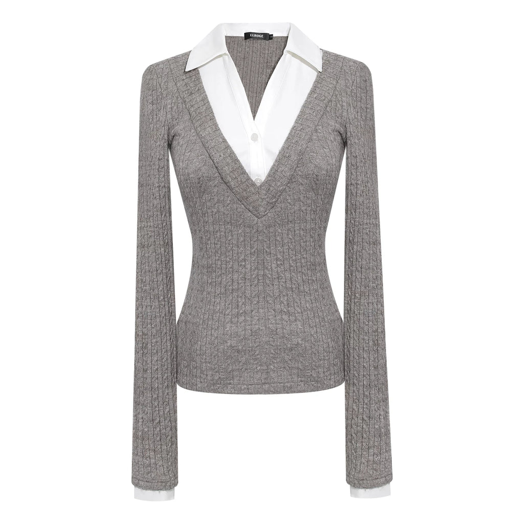 LLROGE Wool Stitching Fake Two-piece Shirt Skirt Set
