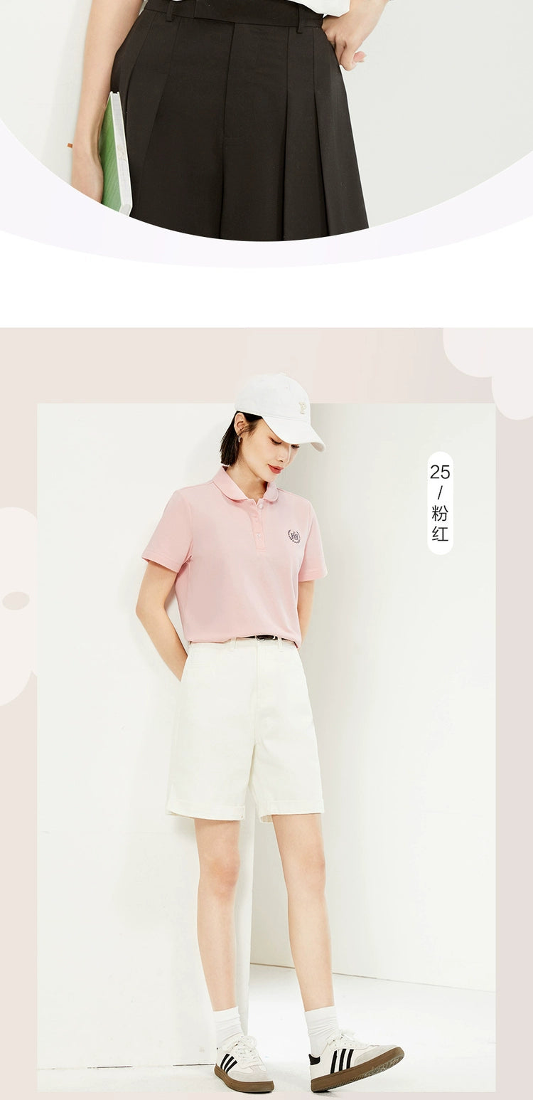 Giordano Small Embroidery Lycra Pearl Doll Collar Lapel Tee