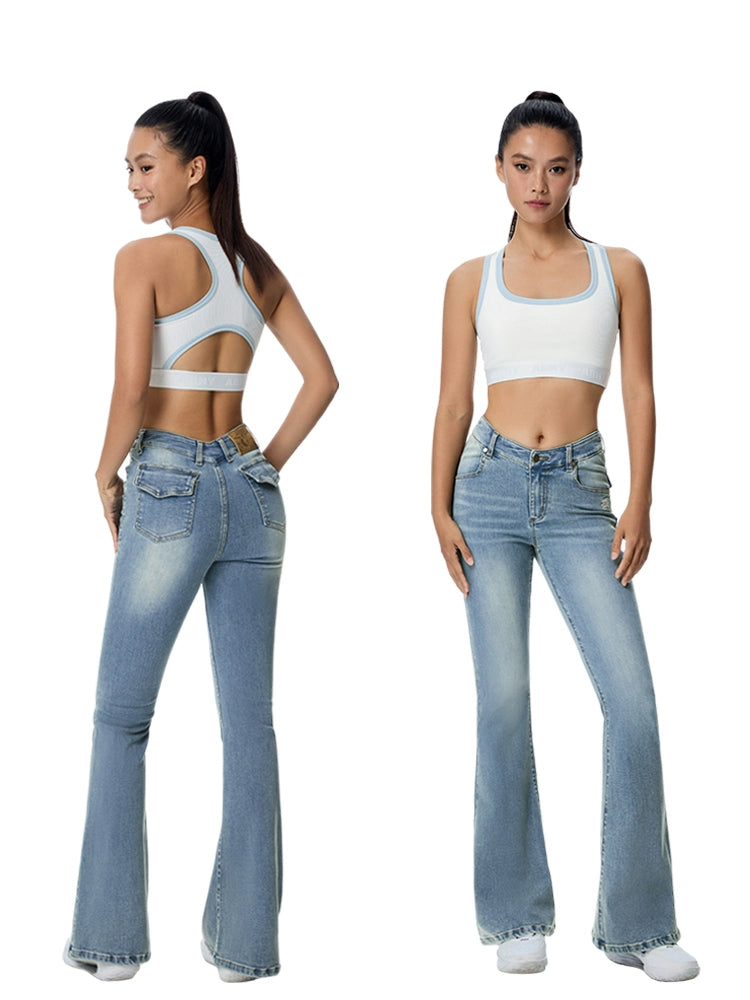 ABMY V Waist Slightly Stretched and Thin Denim Flared Pants
