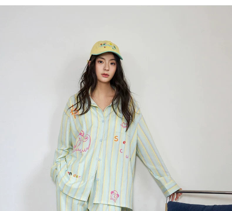 YUENEI Striped Dopamine Cardigan Pajamas