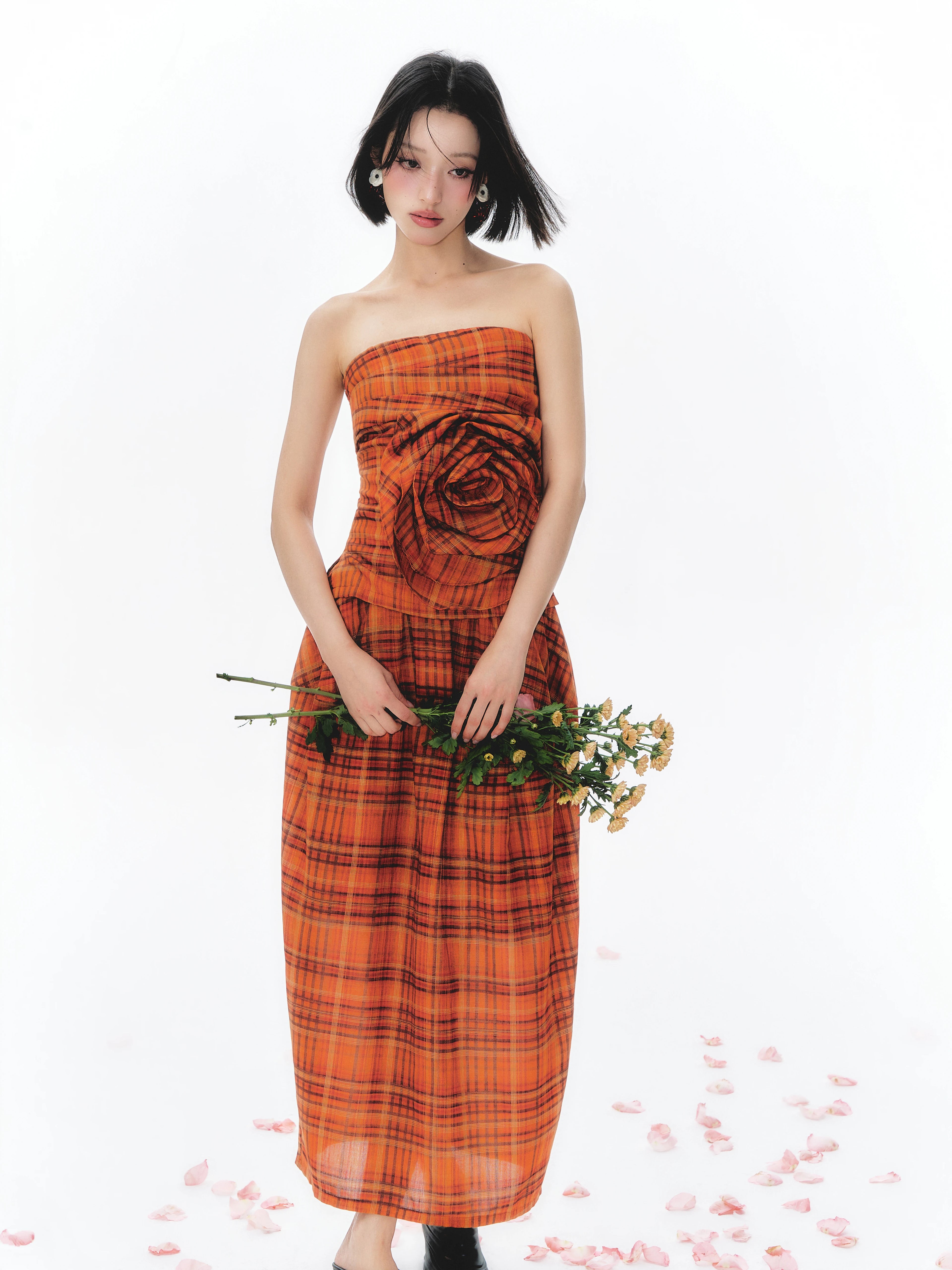 YEDM Retro Plaid Three-dimensional Rose Tube Top Set