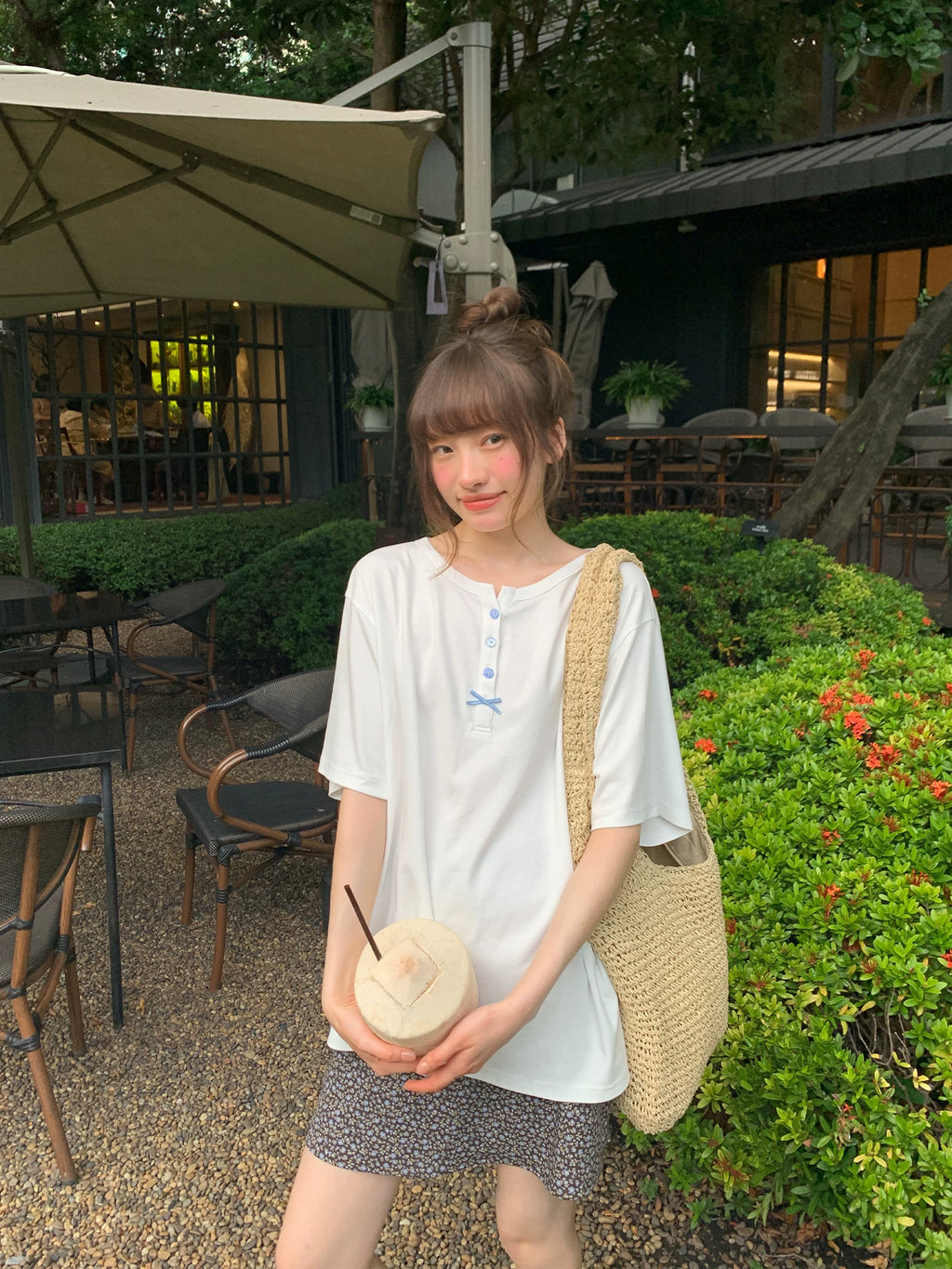 KANO Simple Button Henry Collar Casual Tee
