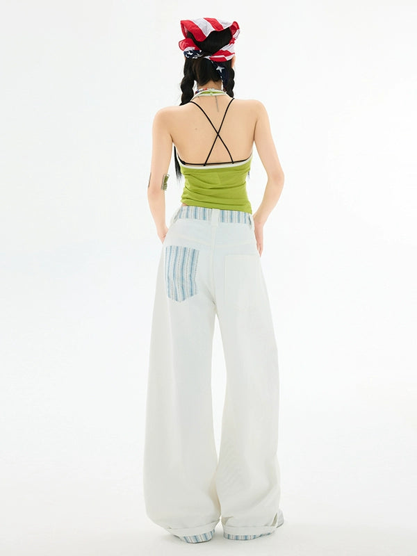 KPSR Splicing Checkered Scimitar Wide Leg Jeans