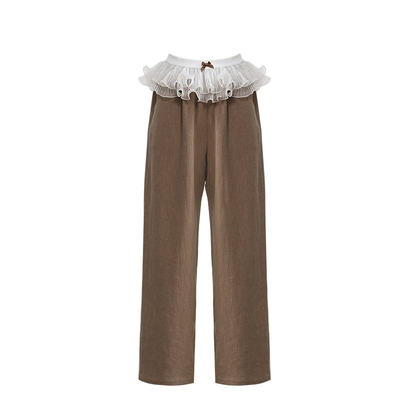 LINY LIBERTY Vintage Contrasting Color Ruffle Edge Loose Straight Casual Pants