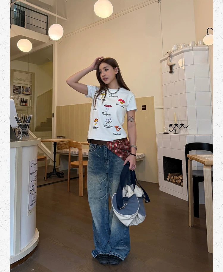 CCYE Mushroom Embroidery Front Shoulder Skinny Tee