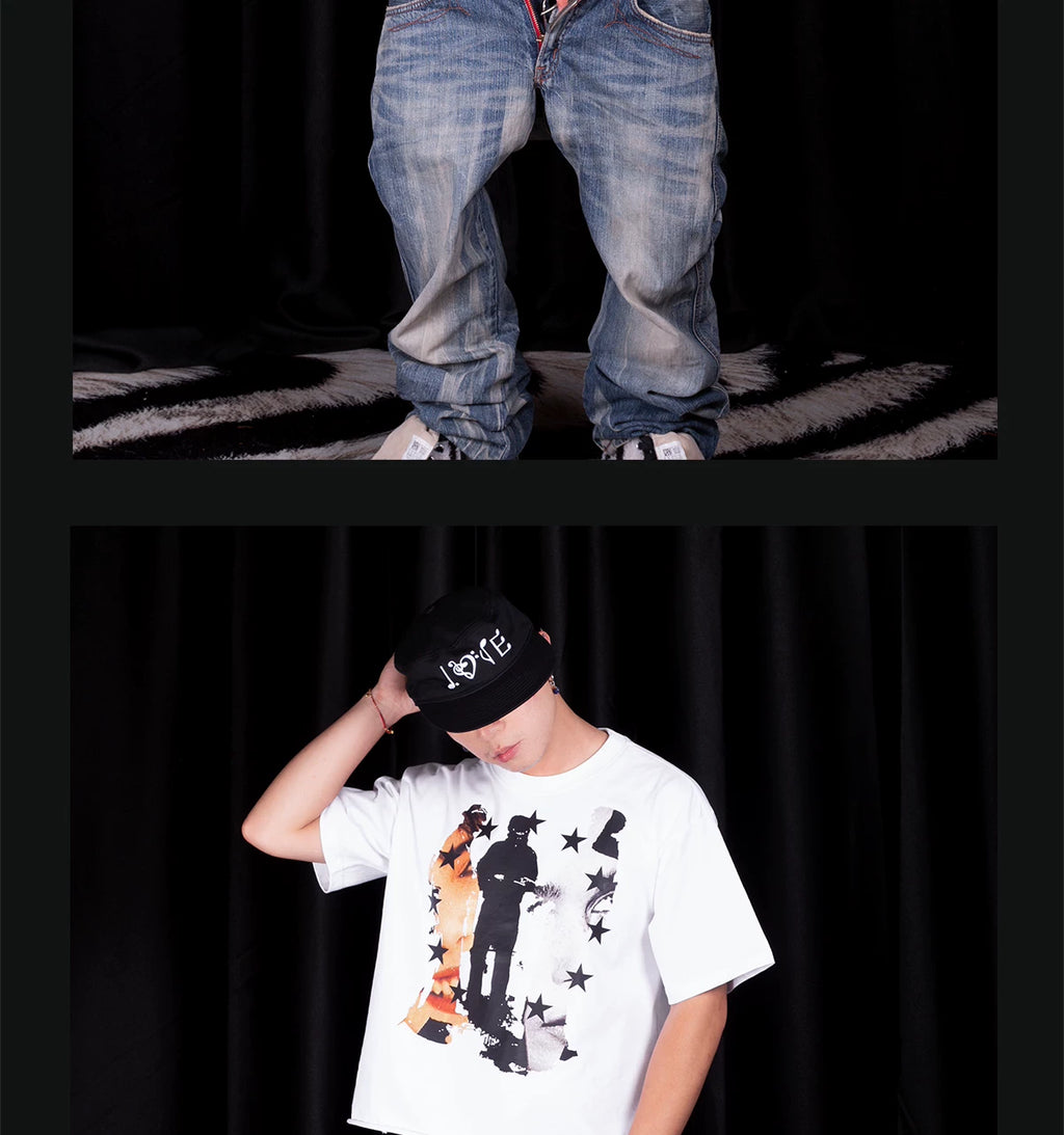 YBSSTREETMARKET Portrait Heat Transfer Hand Damage Short Width Tee