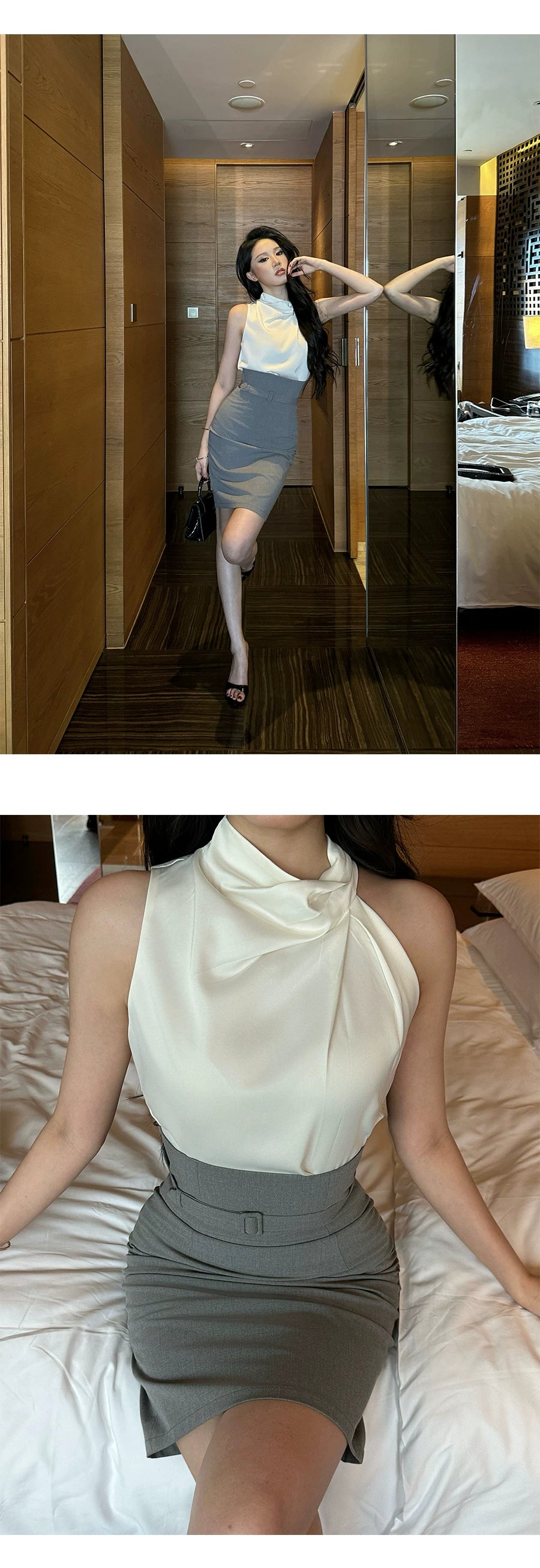 LLROGE Neck Satin Shirt High Waist Skirt Set