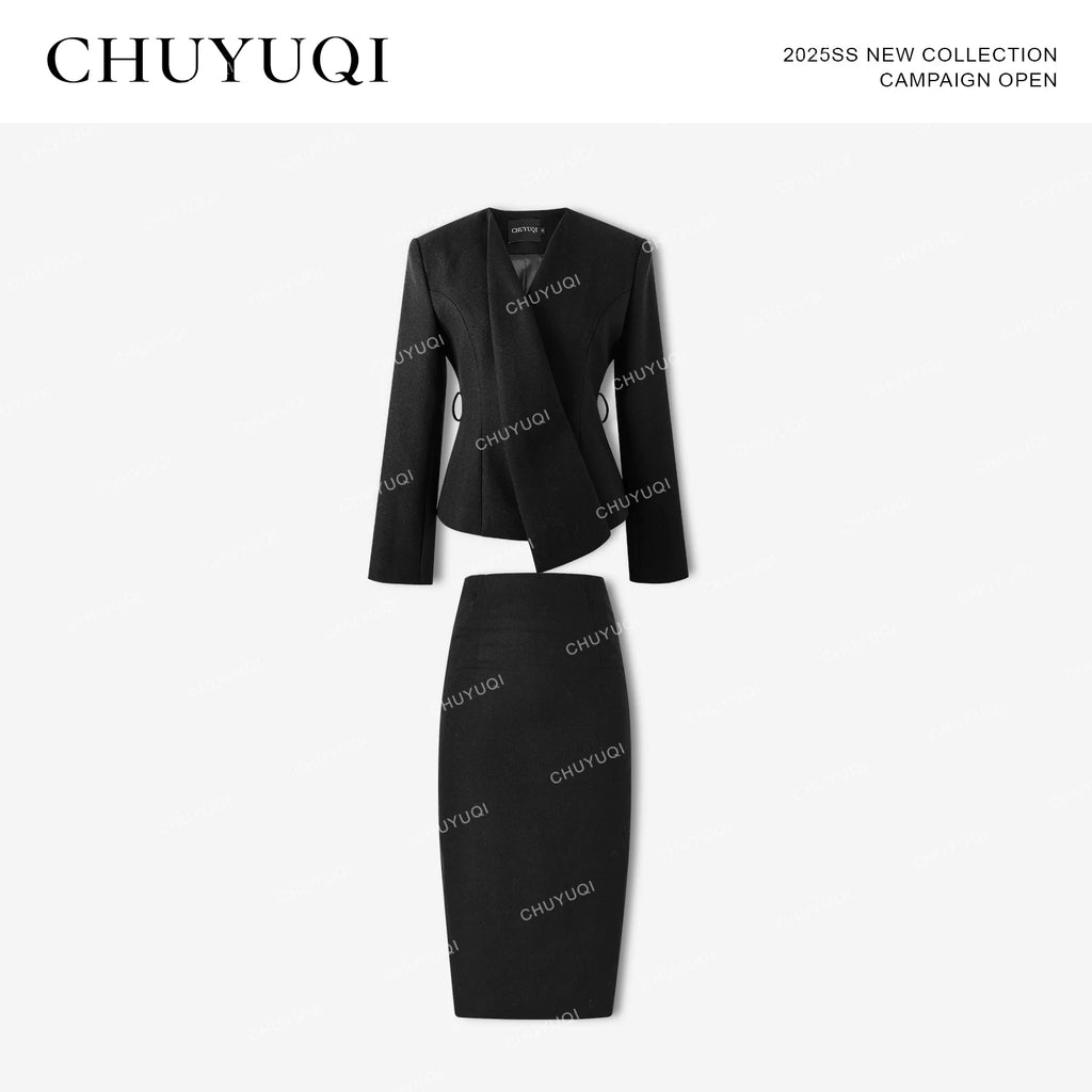 CHUYUQI Waist Suit Short Jacket Skirt Set