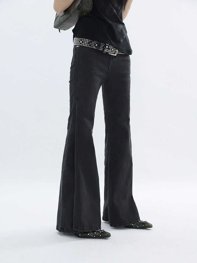 FUZZYKON Pocket Embroidered Slim-fit Stretch Denim Flared Pants