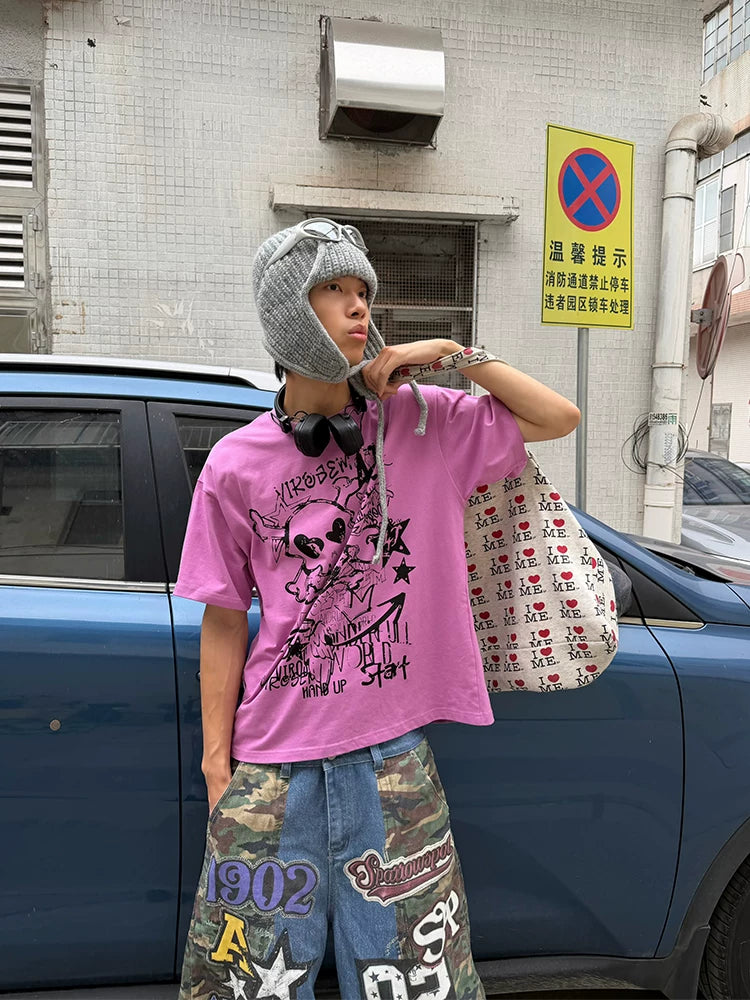 EAHO Retro Camouflage Letter Print Five-point Jeans