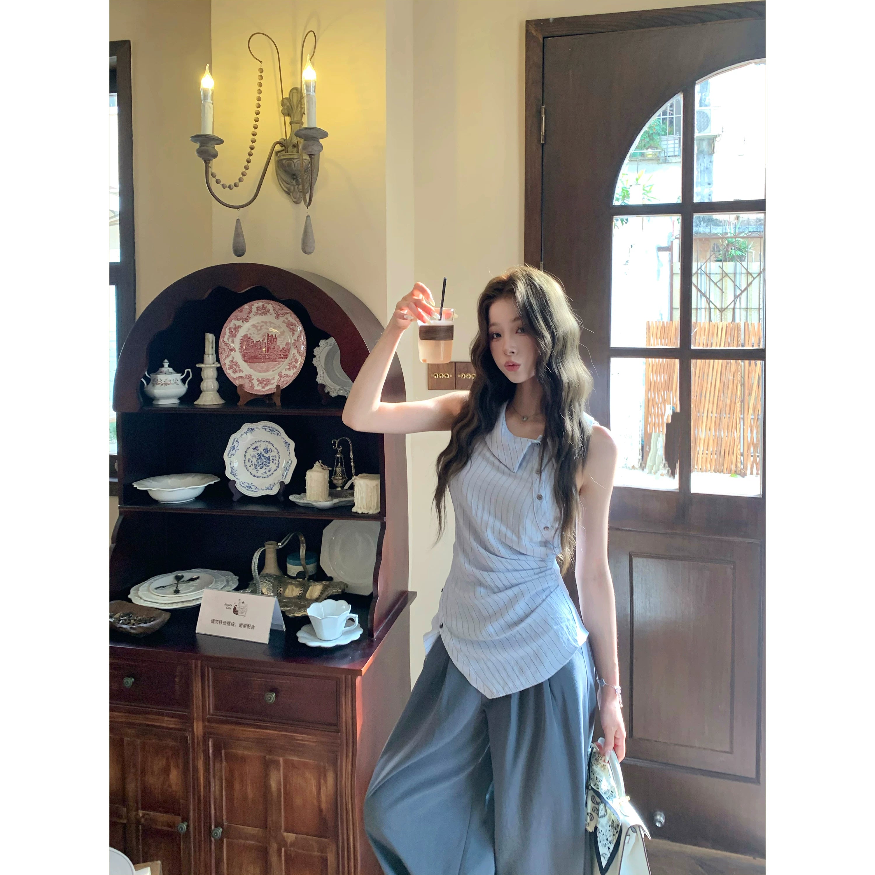 Barb Chill Irregular Striped Shirt Mopping Wide Leg Pants Set