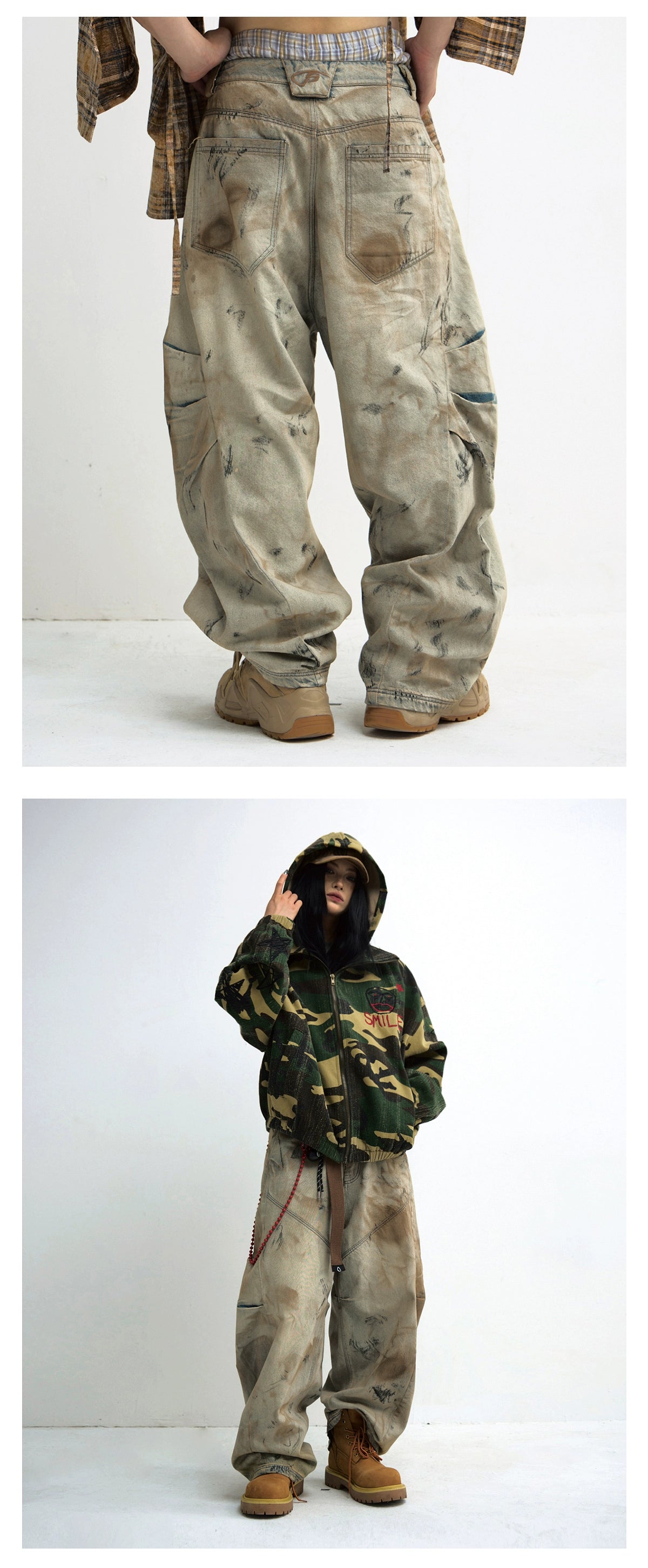 PEOPLESTYLE Yellow Mud Dyed Heavy Industry Dirty Wash Wide Leg Jeans