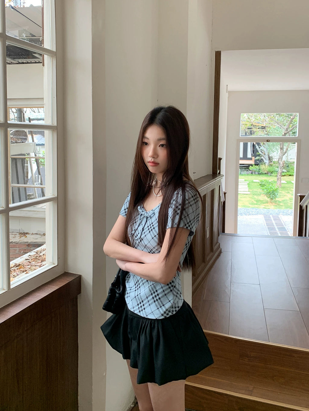 KANO Strap V-neck Contrasting Color Plaid Slim Tee