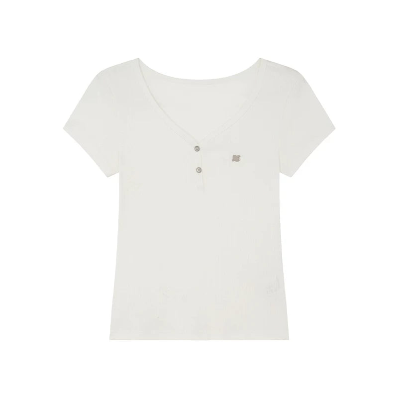KANO Retro V-neck Letter Metal Label Slim Tee