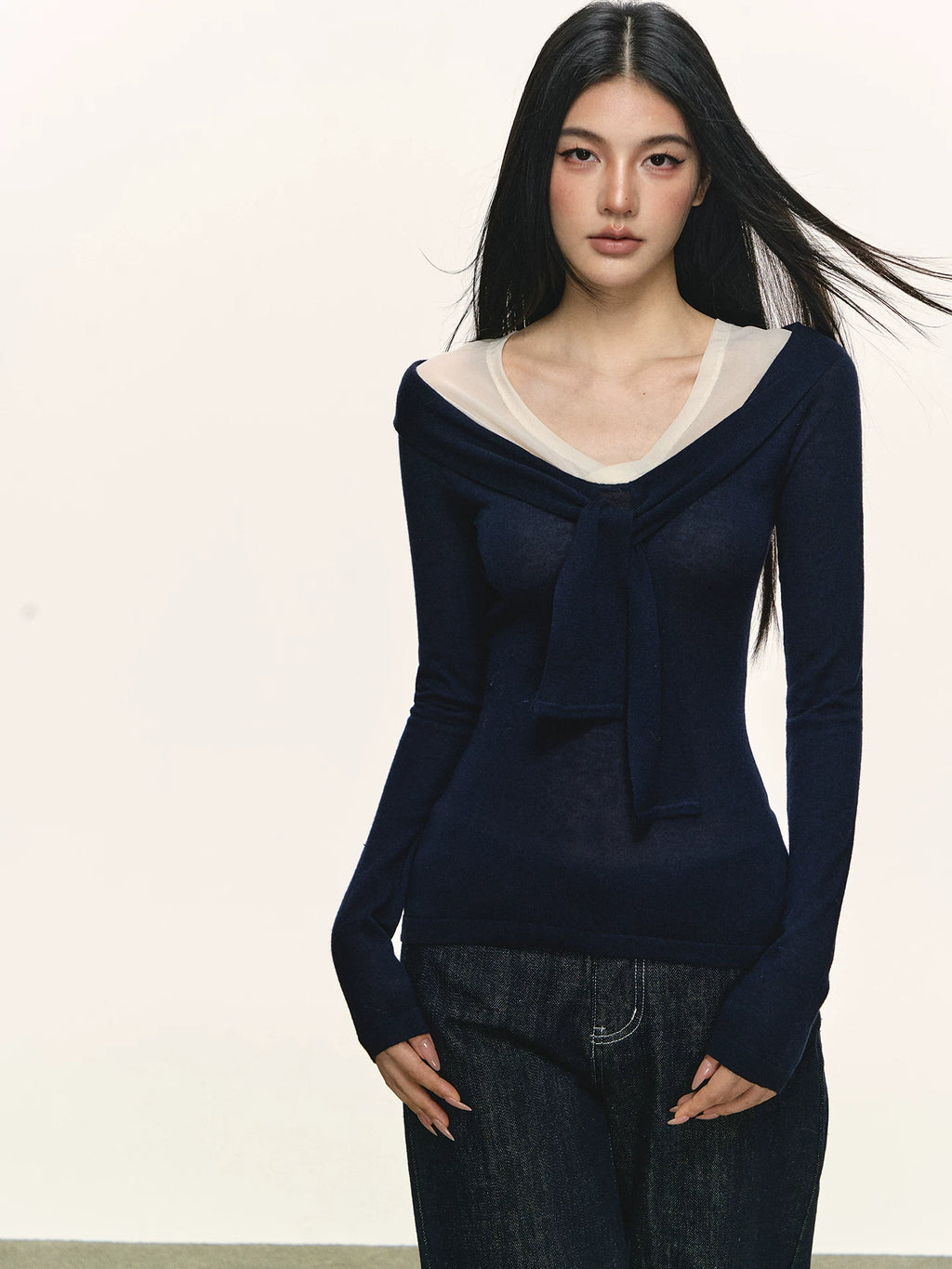 Anna Aneae Fake Two-piece Bow Strap Long Sleeve