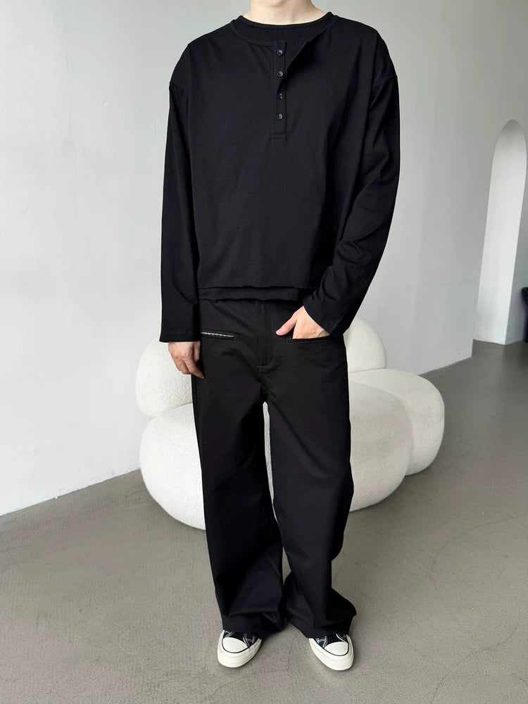 Erole Henry Double Neck Solid Color Long Sleeve T-Shirt