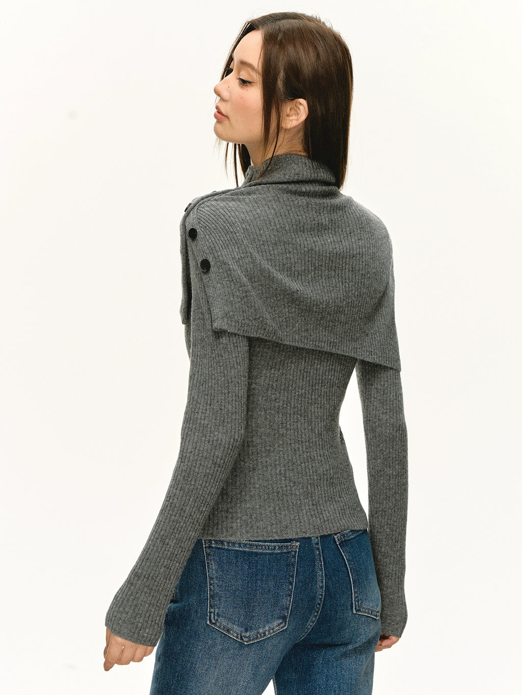 Anna Aneae Pullover High Neck Removable Shawl Bottom Long Sleeve