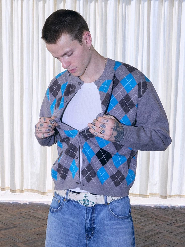 InsGale Vintage Rhombus Knitted Cardigan Sweater