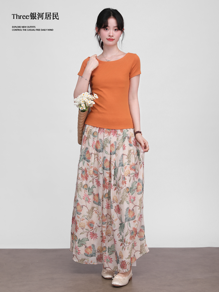 Three High Waist Thin Floral Pleated Skirt