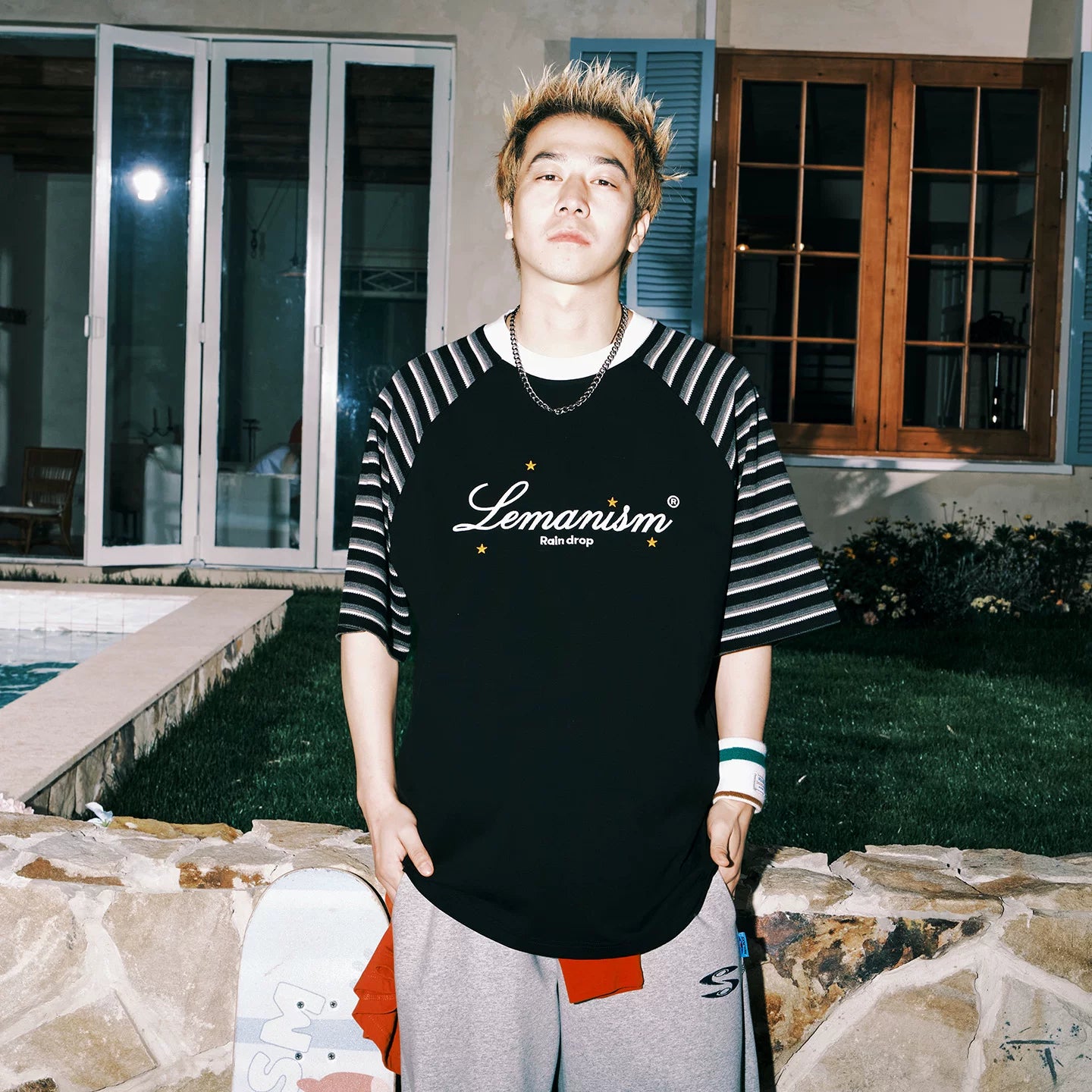 Lemanism Stripe Contrast Shoulder Letter Casual Tee