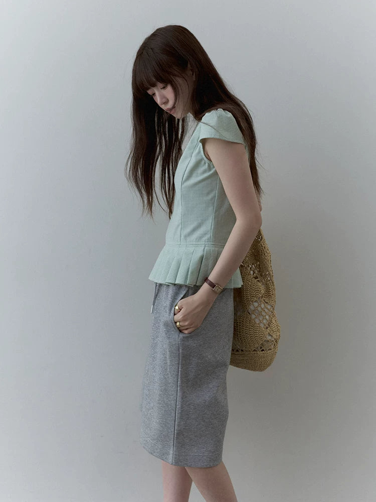 VOOE Contrast Checked Pleated Crew Neck Shirt