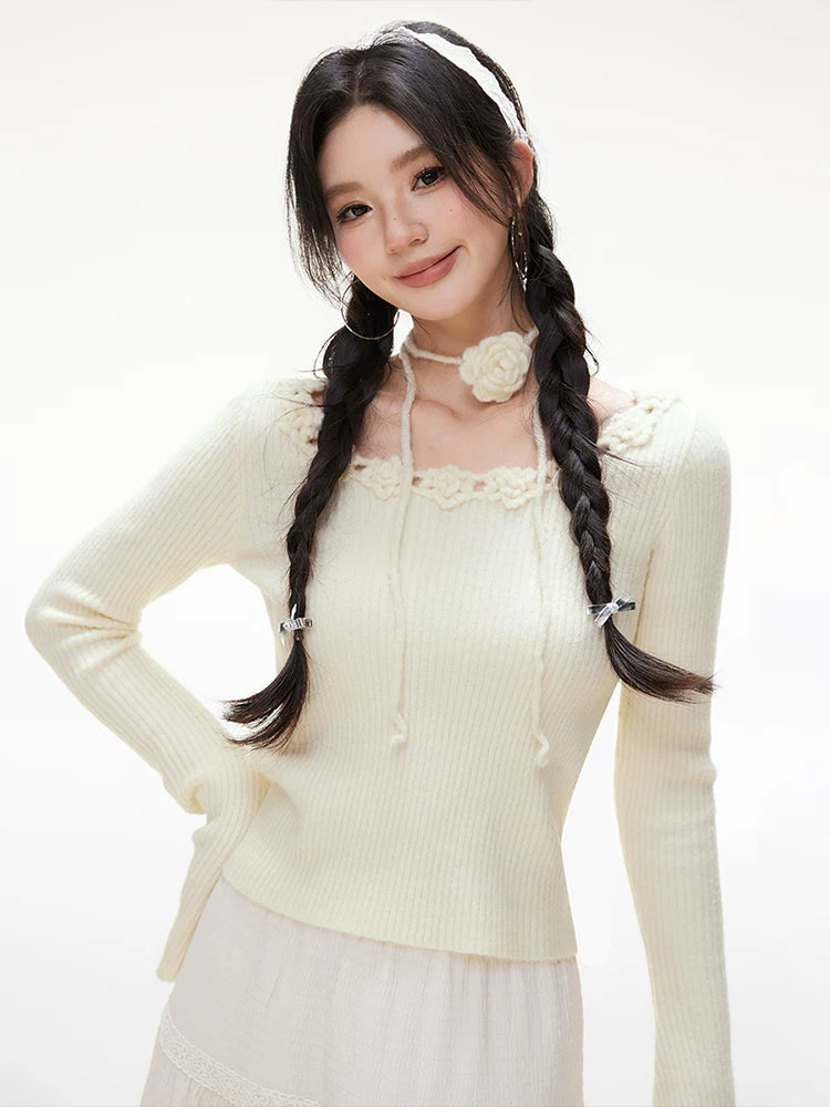 Imone U Neckline Three-dimensional Rose Decorative Long Sleeve