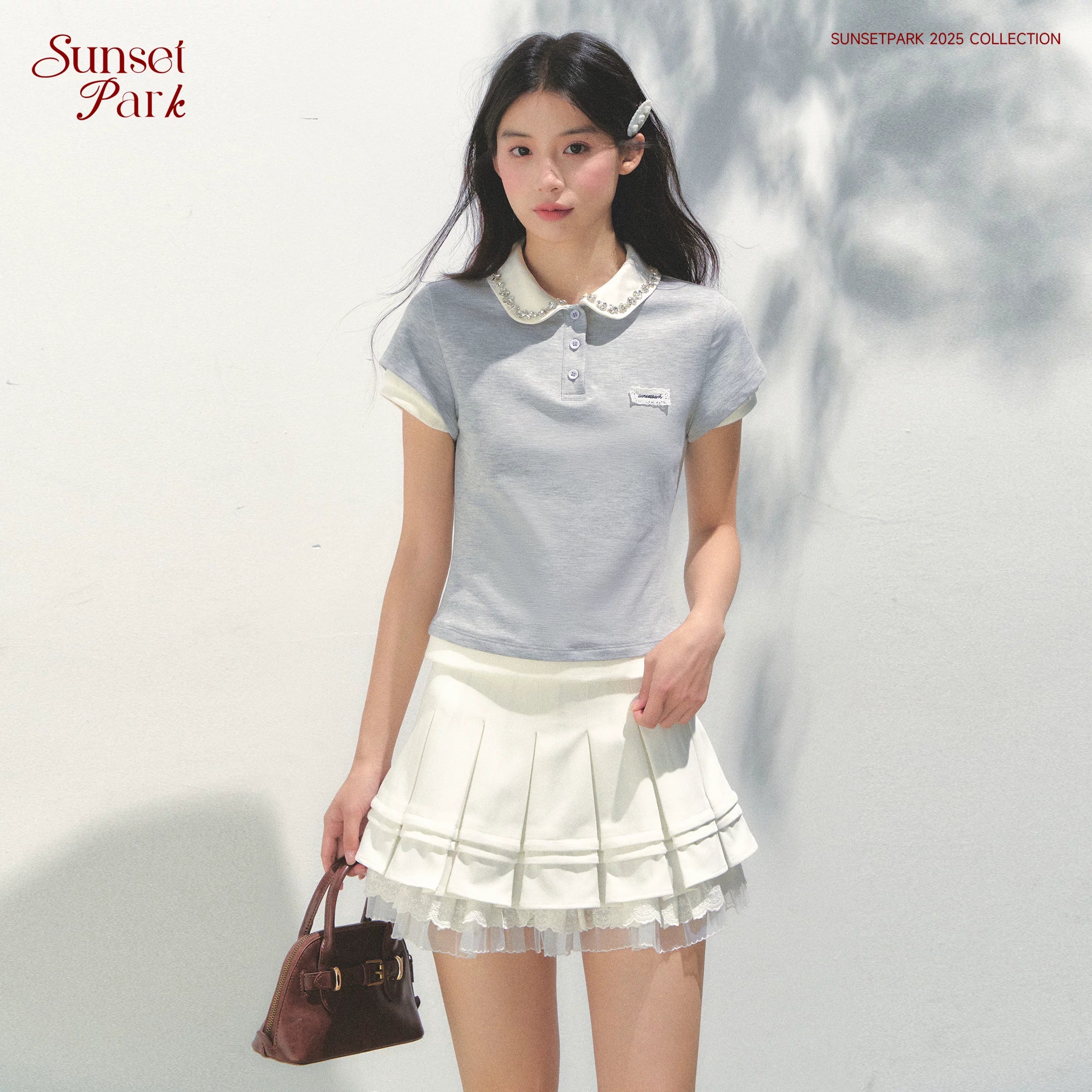 SunsetPark Splicing Fake Two-piece Polo Rhinestone Collar Tee