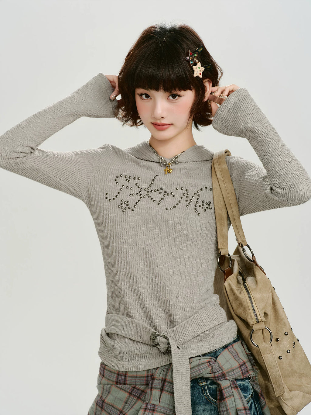 Girlyhalo Vintage Hot Diamond Strap-Up Hooded Knitted Long Sleeve
