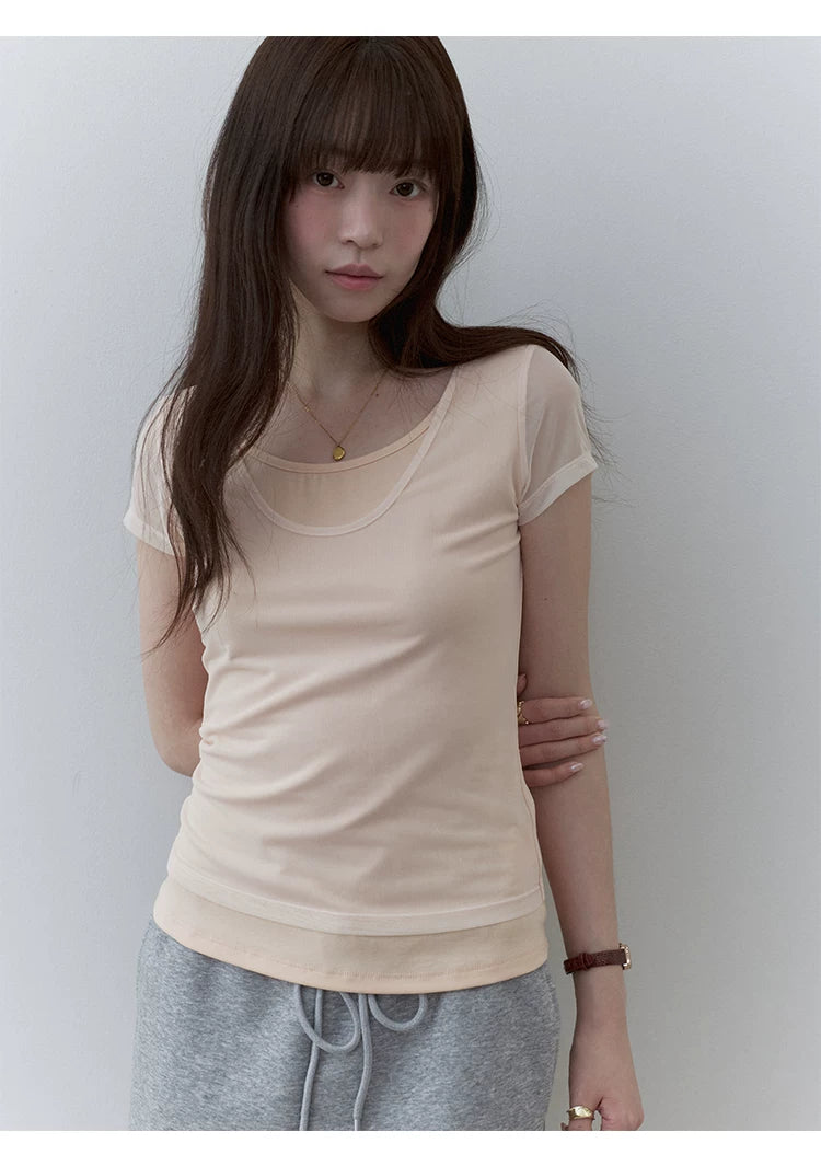 VOOE Fake Two-piece Splicing Mesh Slim Tee
