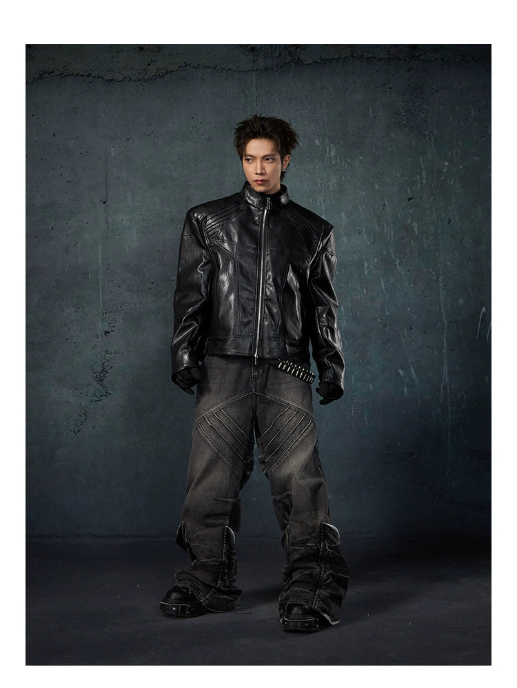 NUndefined Leather Jacket Stand-up Collar Motorcycle Jacket Zipper Jacket