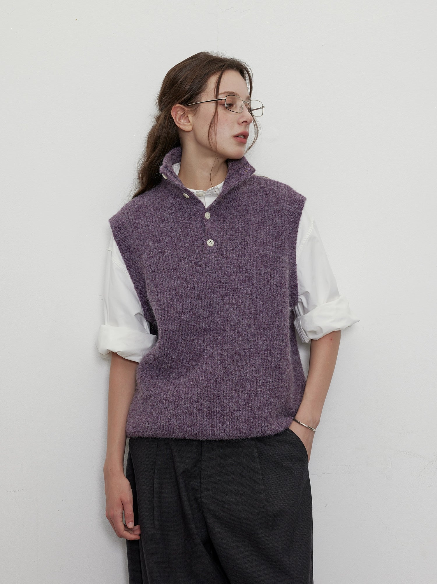 LR MADE Knitted Lapel-neck Half-cardigan Vest