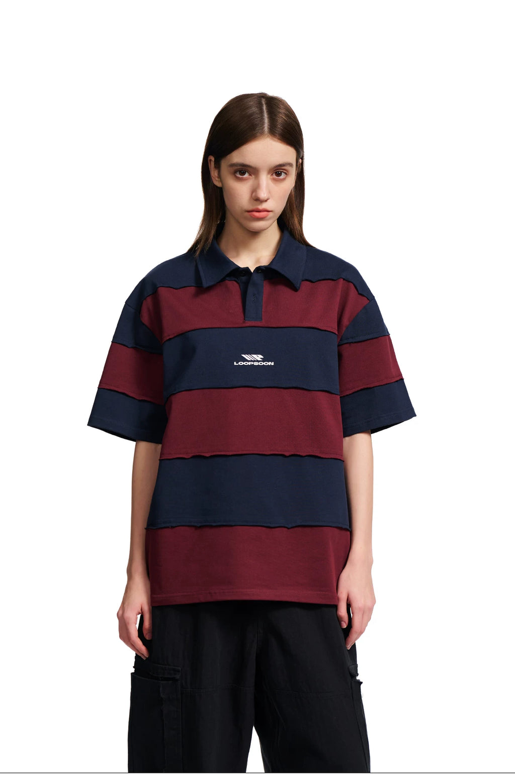 Loopsoon Vintage Contrasting Stripe Stitching Rough Edge Polo Tee