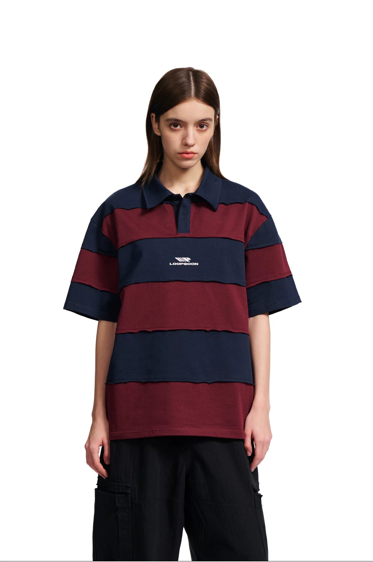 Loopsoon Vintage Contrasting Stripe Stitching Rough Edge Polo Tee