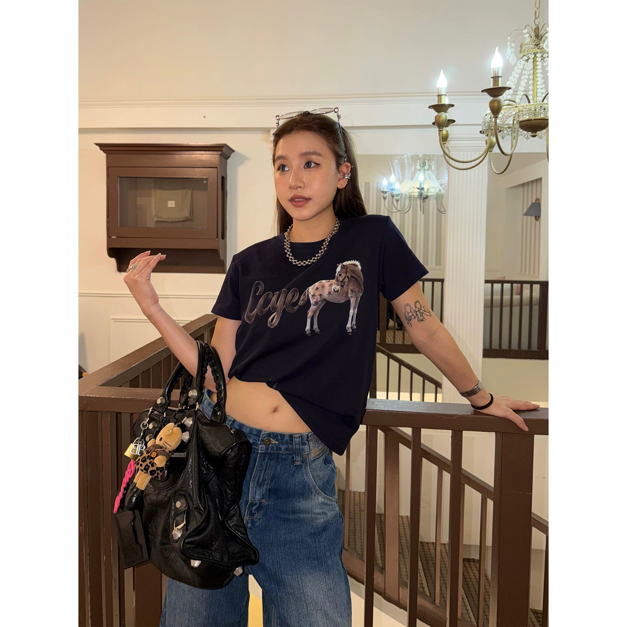 CCYE Front Shoulder Slightly Loose Round Neck Tee
