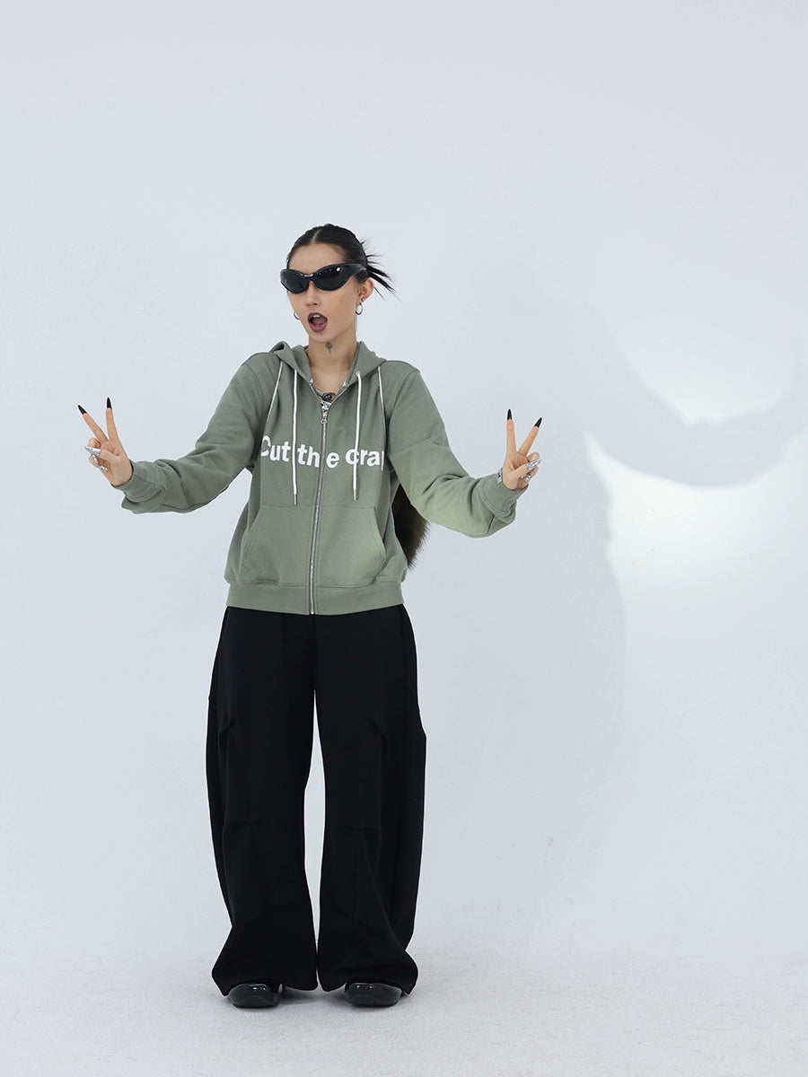 FUZZYKON Drawstring Hooded Letter Front Shoulder Sweater Jacket