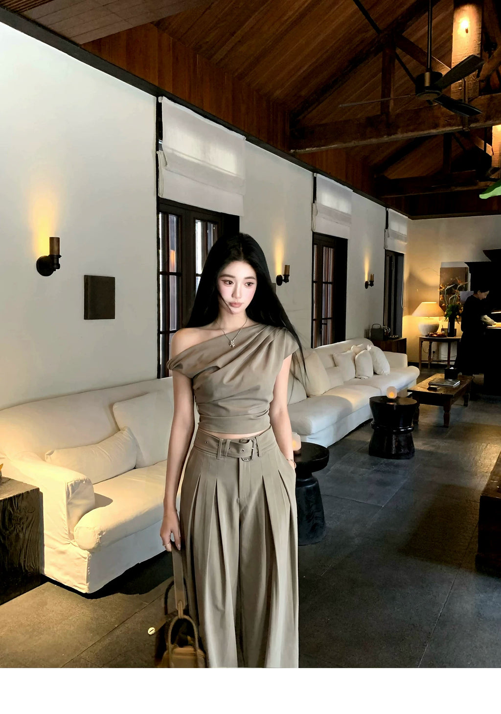 Barb Chill Slash Shoulder Top Casual Wide Leg Pants Temperament Set