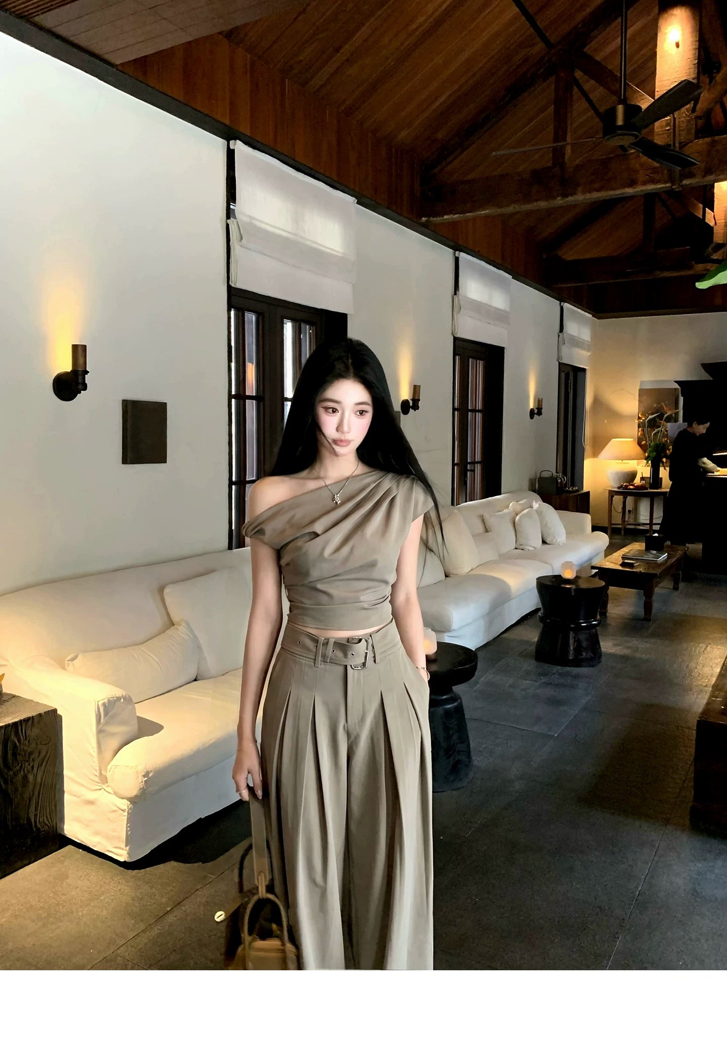 Barb Chill Slash Shoulder Top Casual Wide Leg Pants Temperament Set