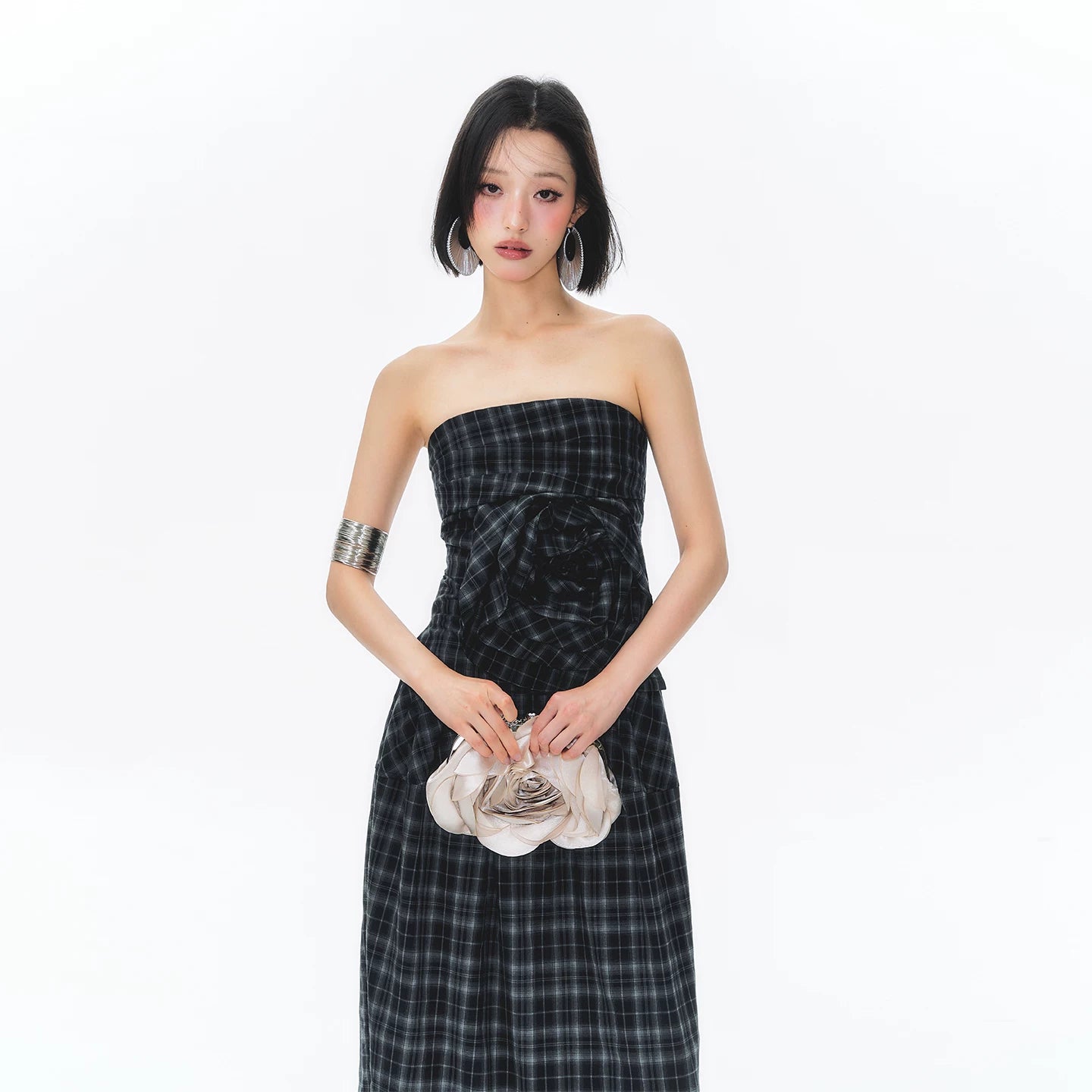 YEDM Retro Plaid Three-dimensional Rose Tube Top Set