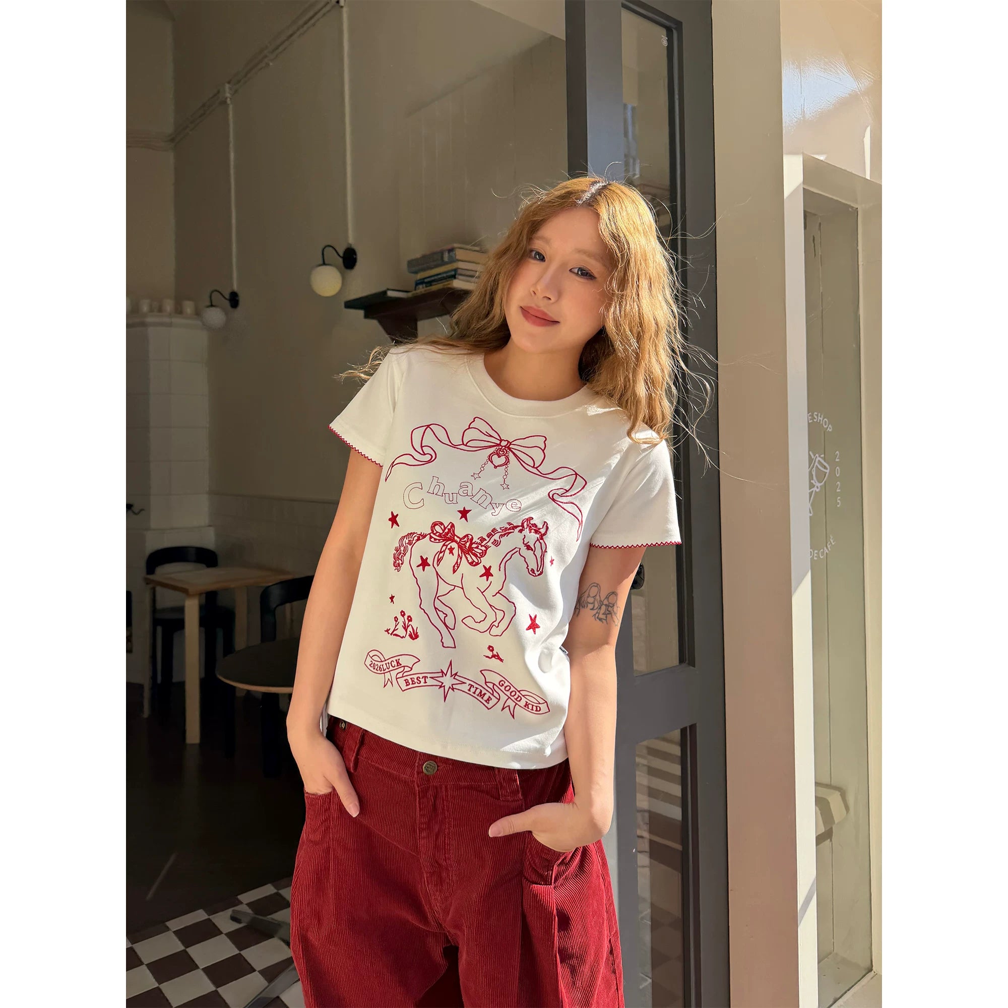 CCYE Embroidered Front Shoulder Lace Round Neck Tee