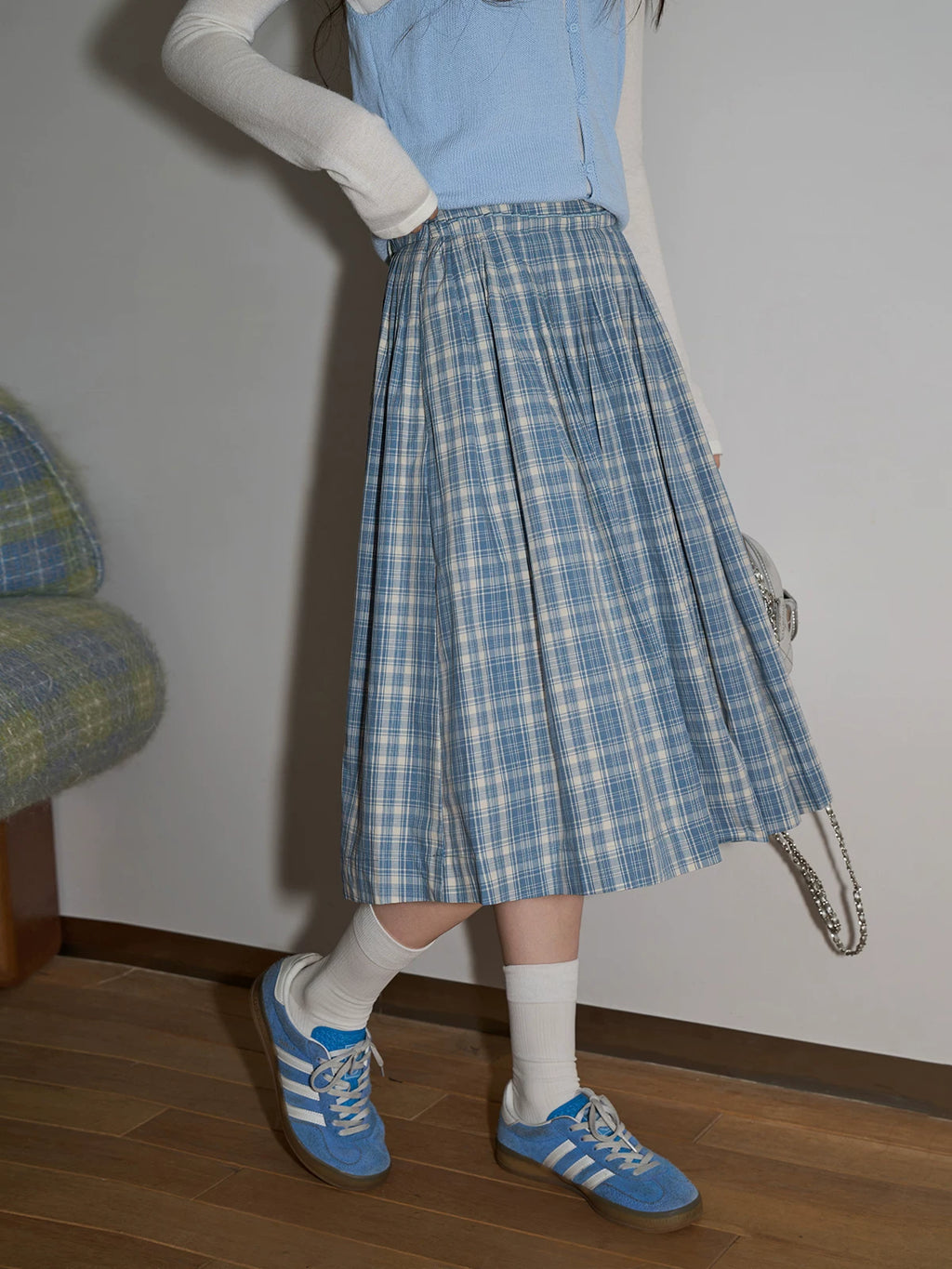 XUJING High Waist Drape Plaid Skirt