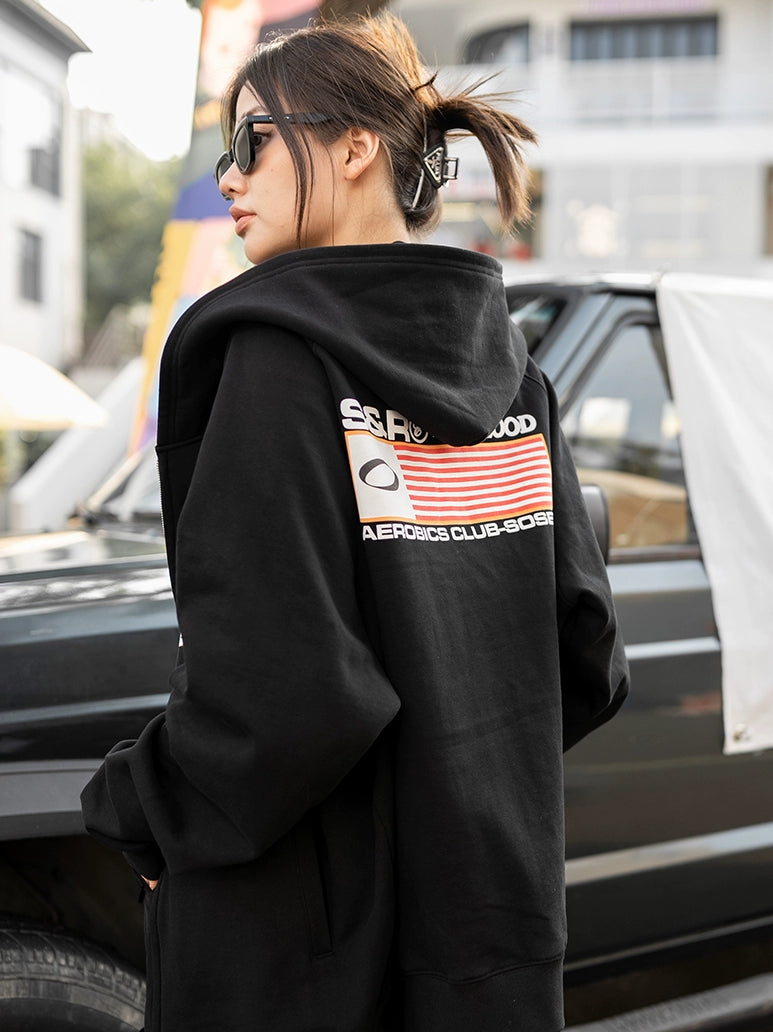 SOSER Vintage Back Suede Print Hooded Zipper Shirt