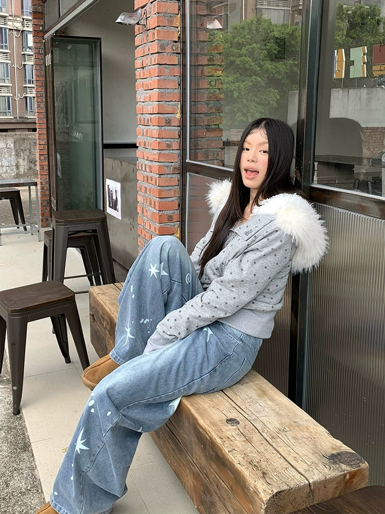EAHO Star Full Print Removable Fur Collar Hooded Fleece Jacket