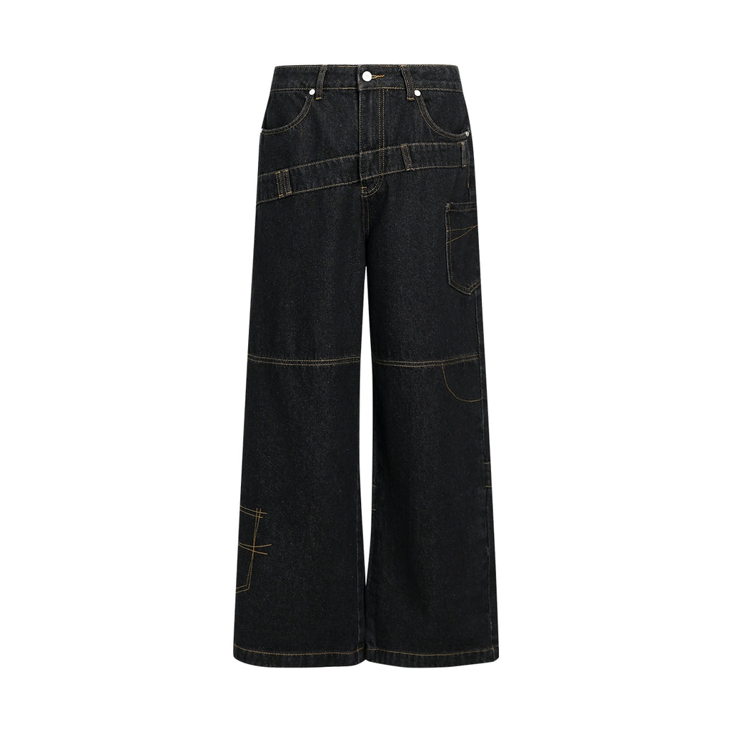 FUNKYFUN Thread Embroidered Loose Straight Jeans