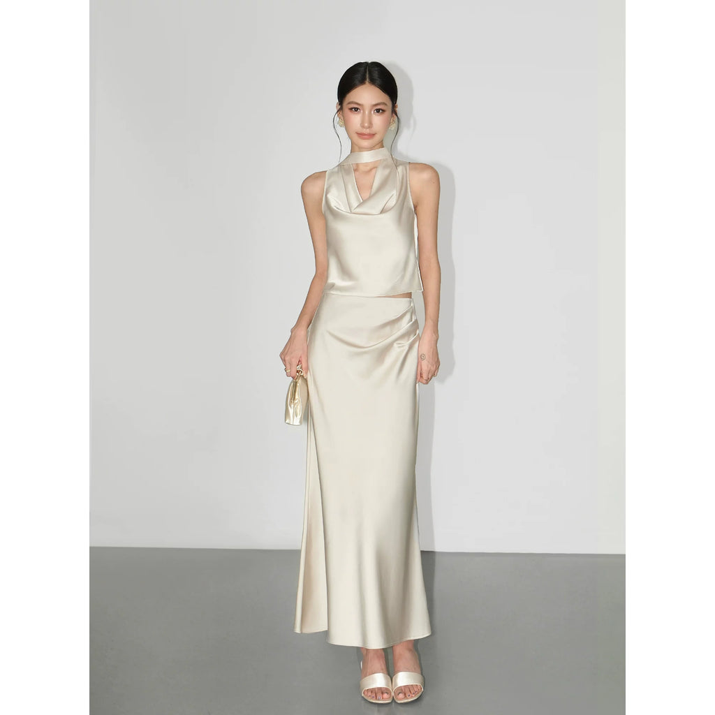 NEVA HU Satin Neck Vest Pinch Pleated Fishtail Skirt Set