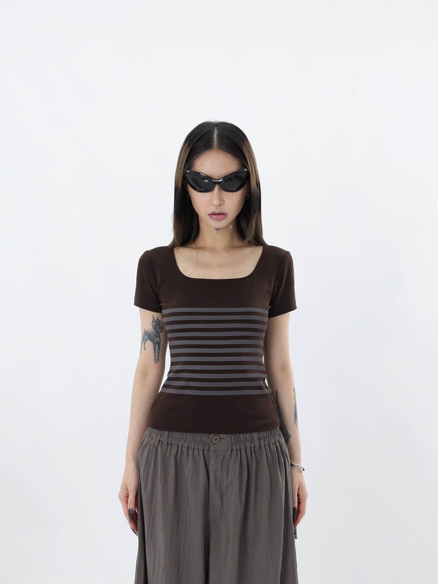 FUZZYKON Elastic Square Neck Striped TEE