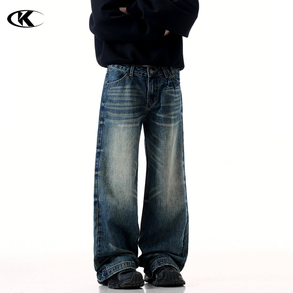11KN American Retro Cleanfi Heavy High Street Washed Blue Loose Straight Wide Leg Long Jeans