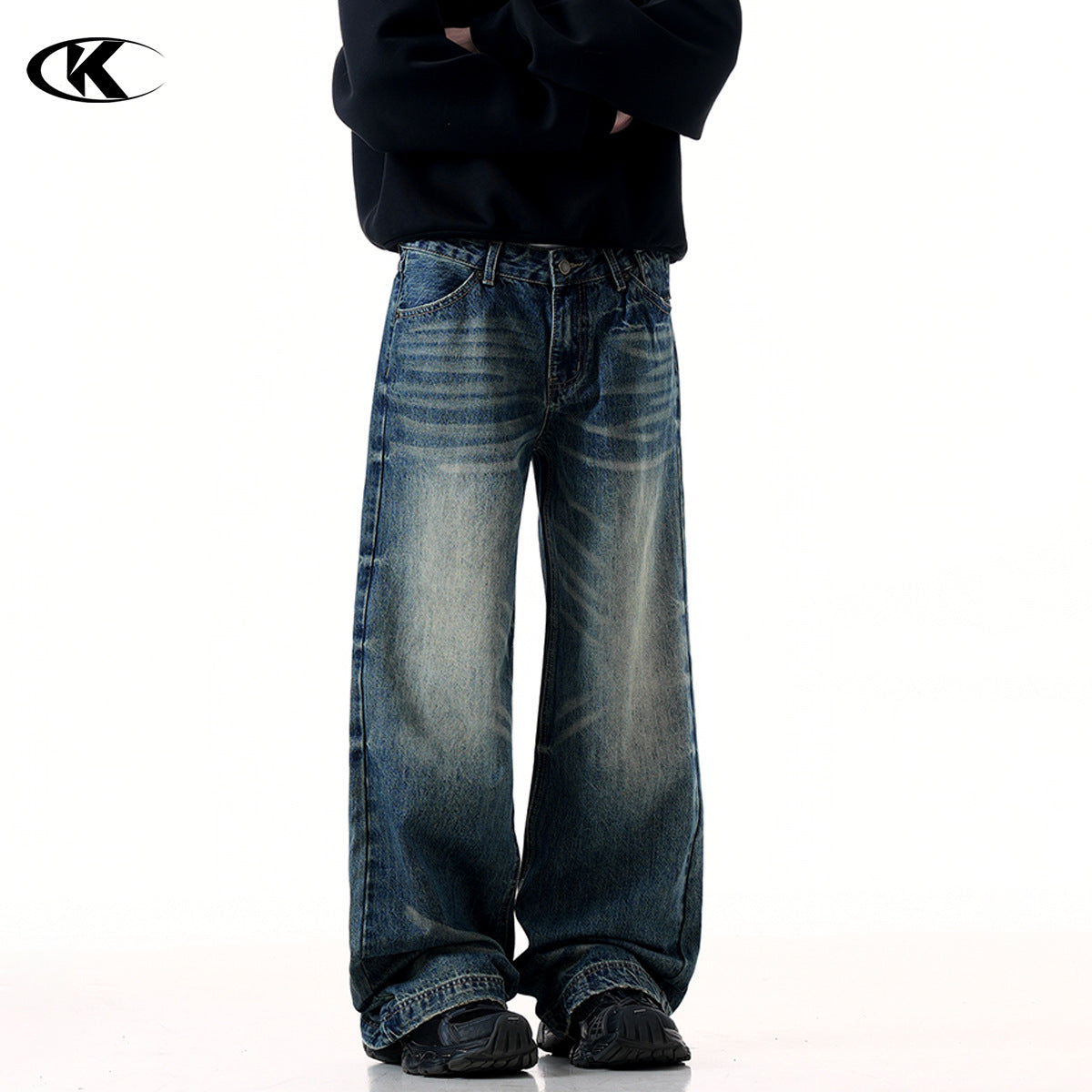 11KN American Retro Cleanfi Heavy High Street Washed Blue Loose Straight Wide Leg Long Jeans