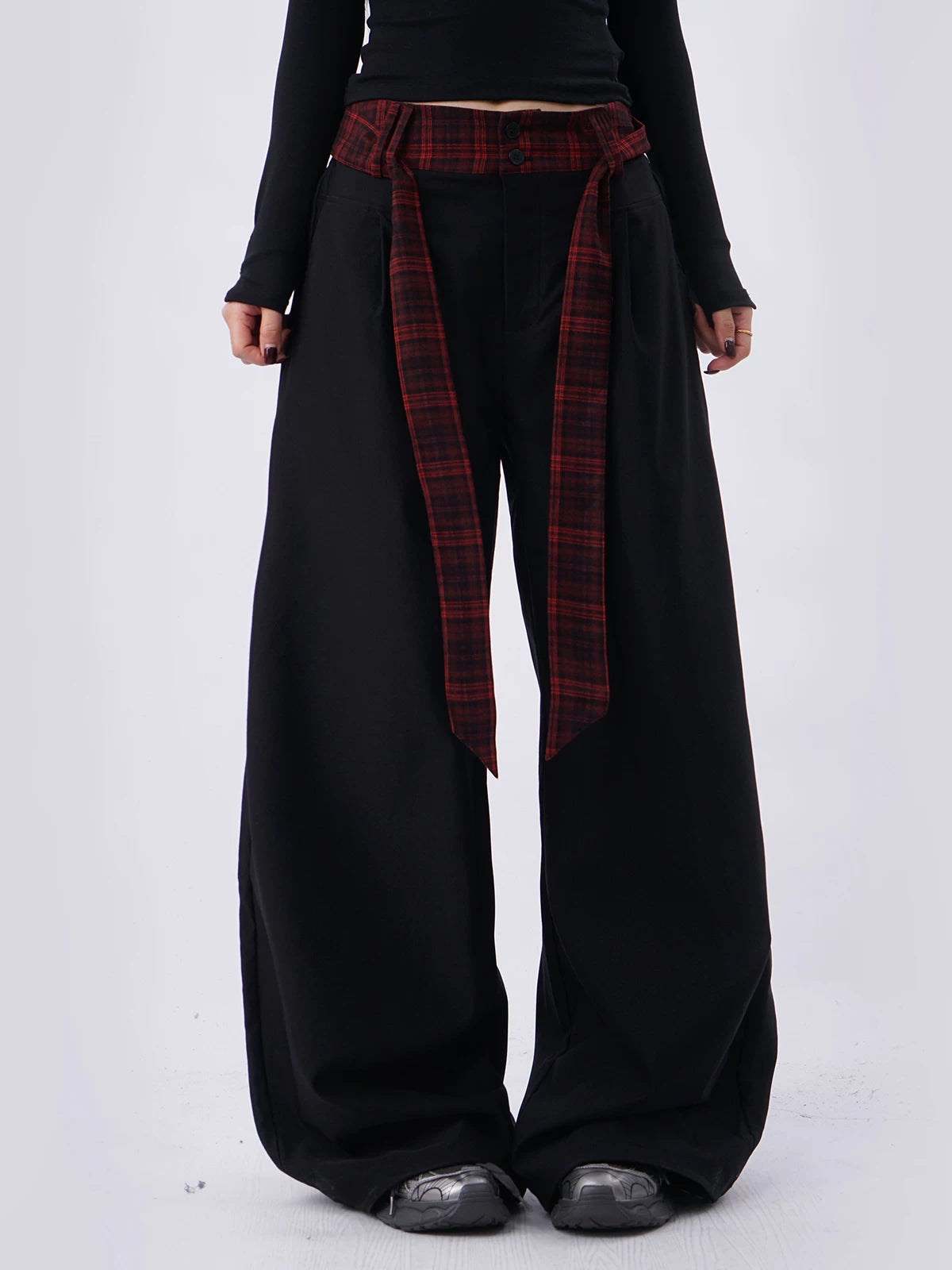 SAMUSAN Ribbon Checked Waist Stitched Wide-leg Slacks